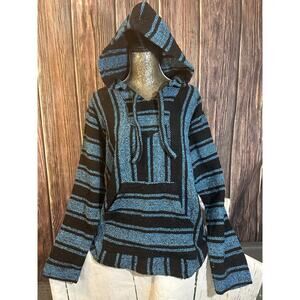 BAJA Hoodie Men Large Blue Black Striped Hooded Pullover Surf Beach Knit